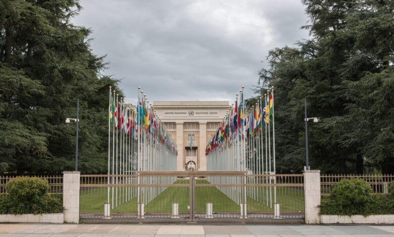 fpdl.in geneva switzerland july 1 2017 national flags entrance un office geneva switzerland united nations was established geneva 1947 is second largest un office 510351 12333 full
